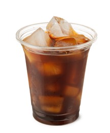 Photo of Refreshing iced coffee in plastic cup isolated on white