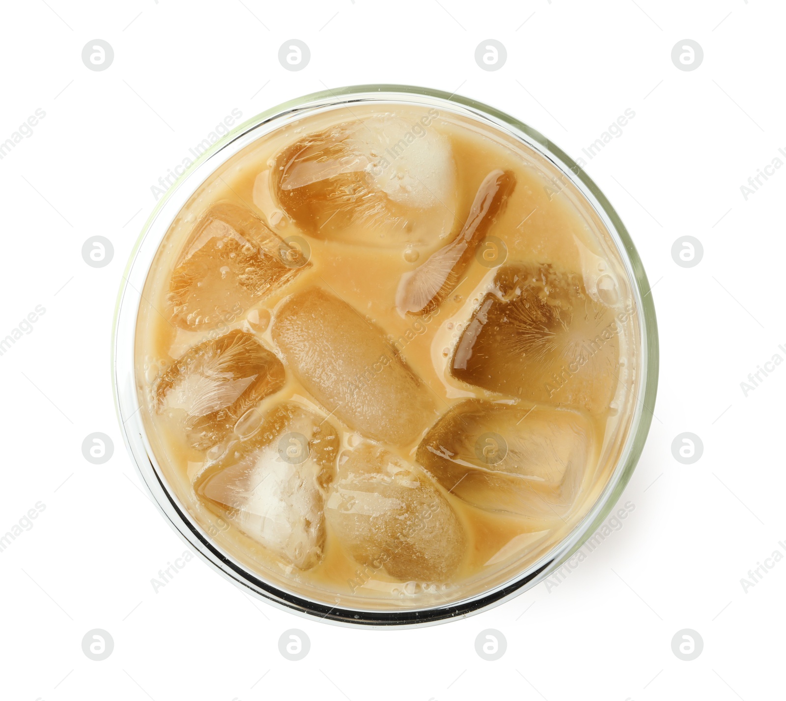 Photo of Refreshing iced coffee with milk in glass isolated on white, top view