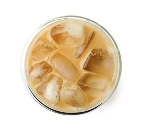 Refreshing iced coffee with milk in glass isolated on white, top view