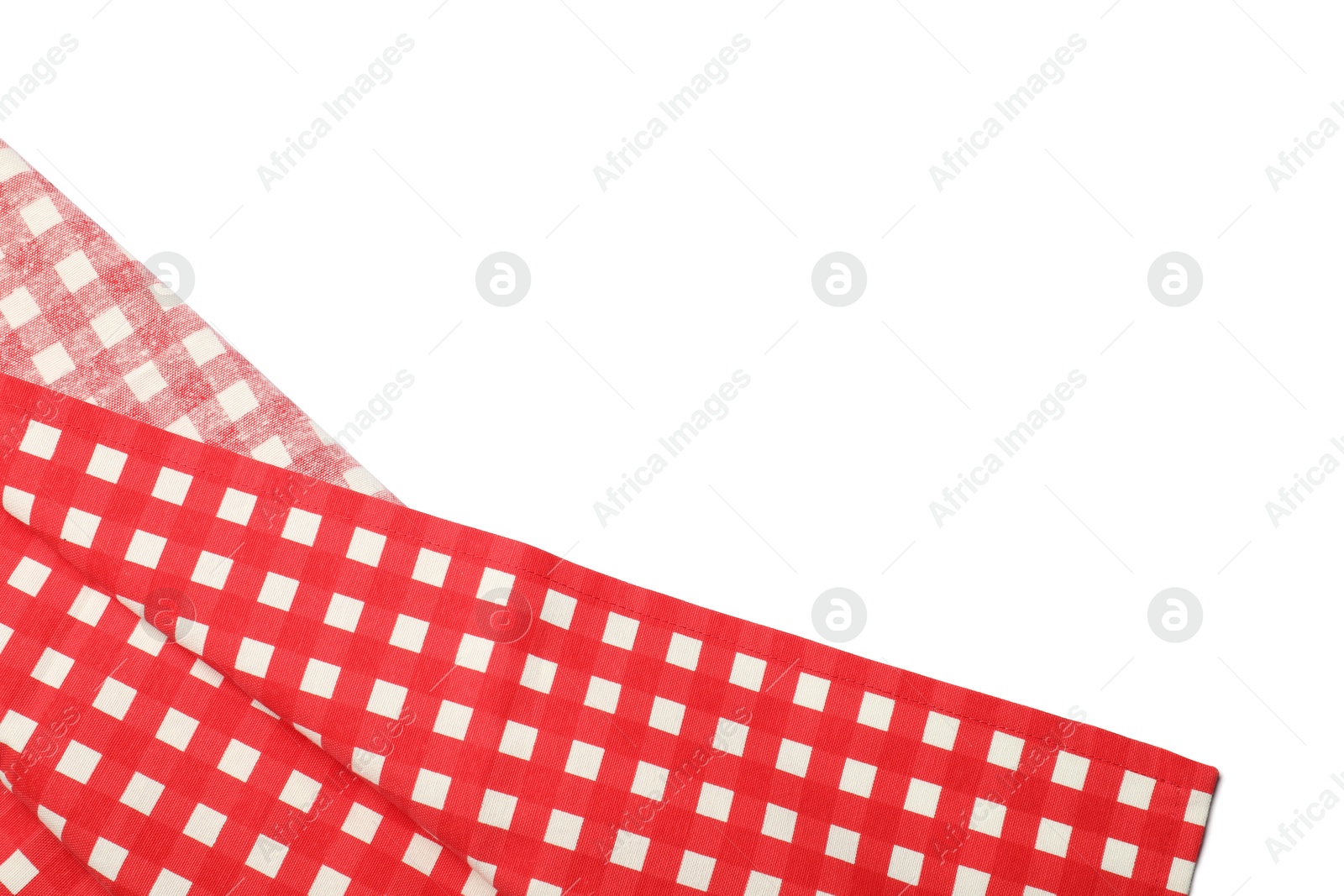 Photo of Red checkered tablecloth isolated on white, top view