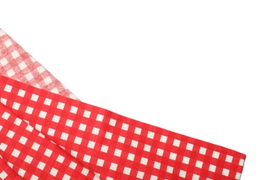 Photo of Red checkered tablecloth isolated on white, top view