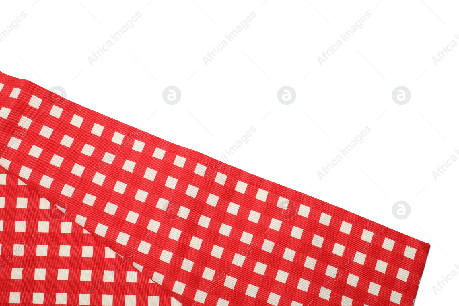 Photo of Red checkered tablecloth isolated on white, top view