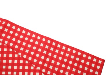 Photo of Red checkered tablecloth isolated on white, top view