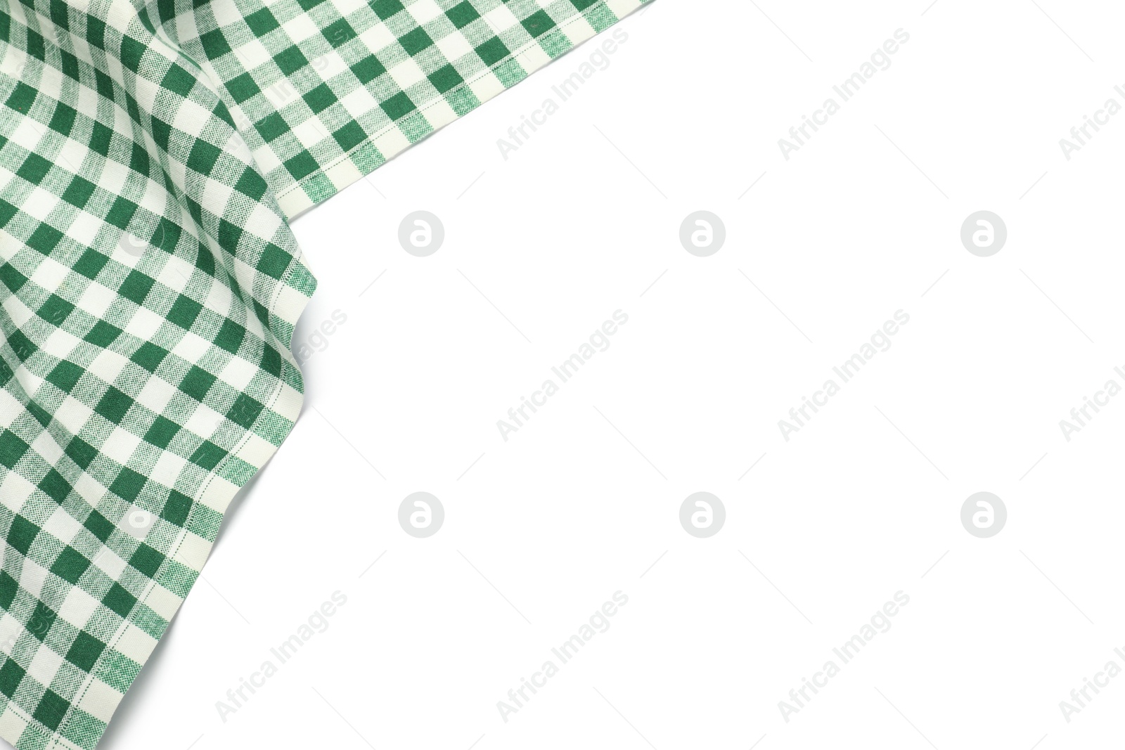 Photo of Green checkered tablecloth isolated on white, top view