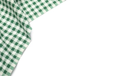 Photo of Green checkered tablecloth isolated on white, top view