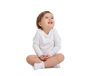 Photo of Cute funny baby girl on white background