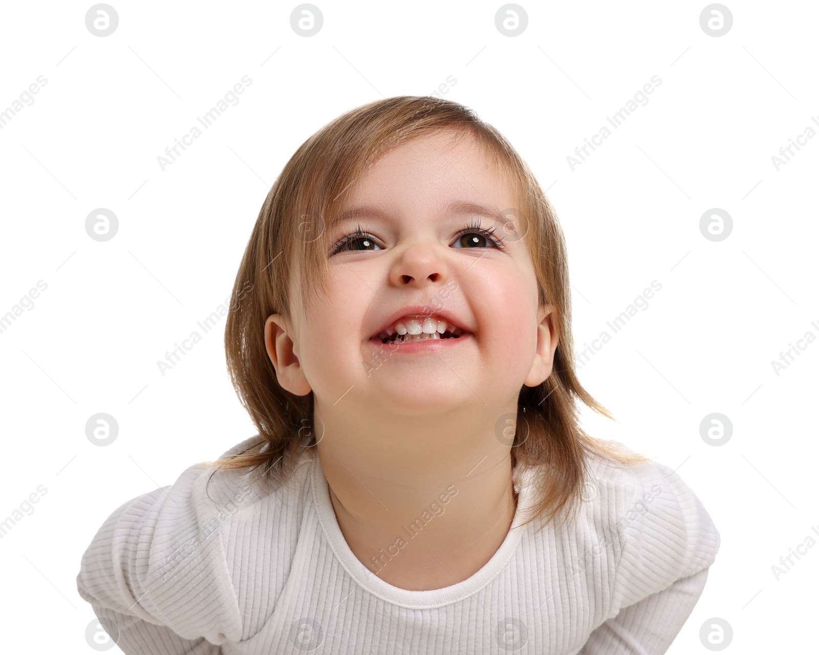 Photo of Cute funny baby girl on white background