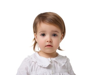 Photo of Cute little baby girl on white background