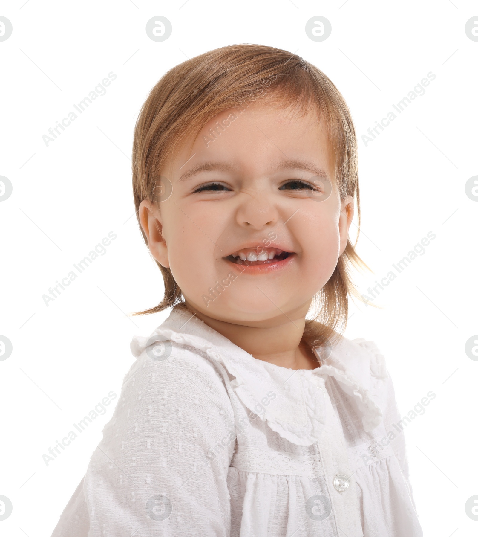 Photo of Cute funny baby girl on white background