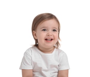 Photo of Cute little baby girl on white background