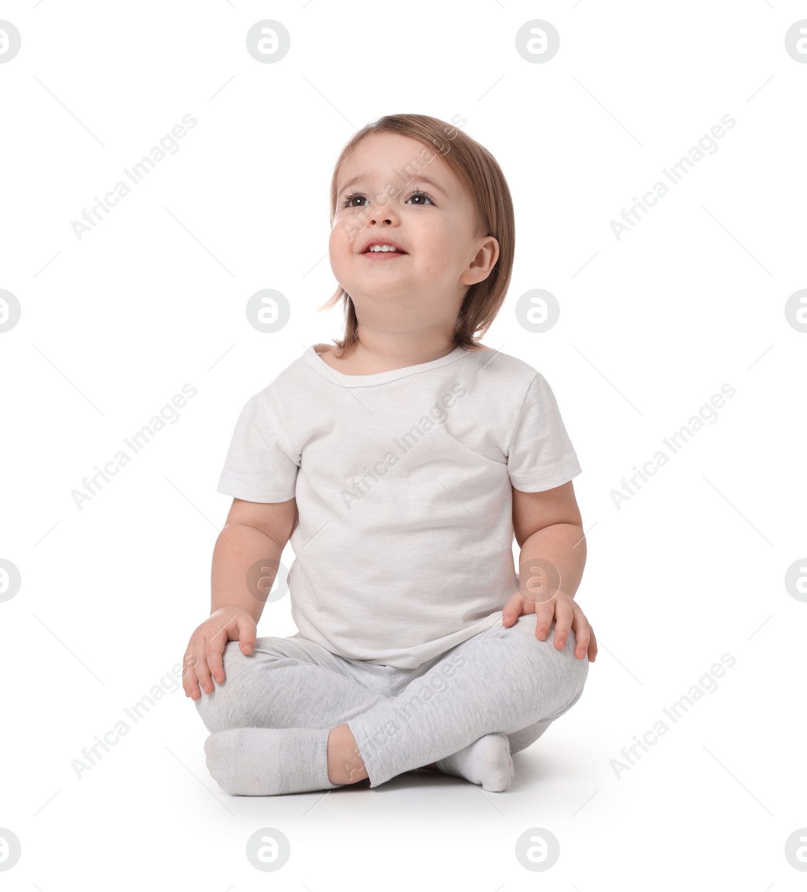 Photo of Cute little baby girl on white background