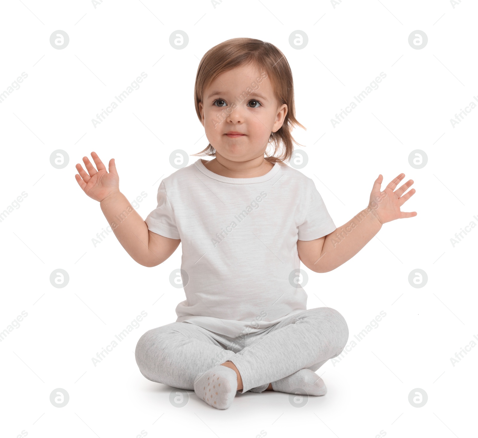 Photo of Cute little baby girl on white background