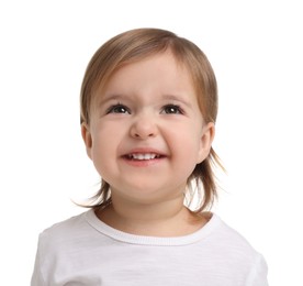 Photo of Cute little baby girl on white background