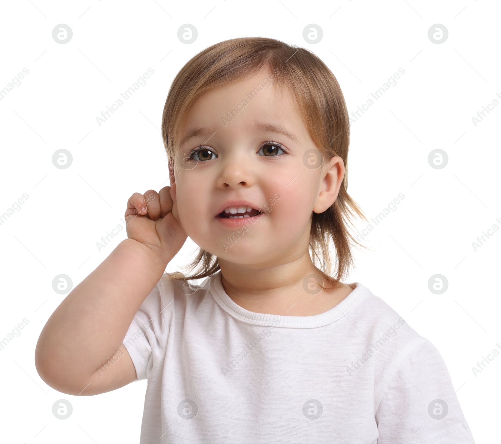 Photo of Cute little baby girl on white background