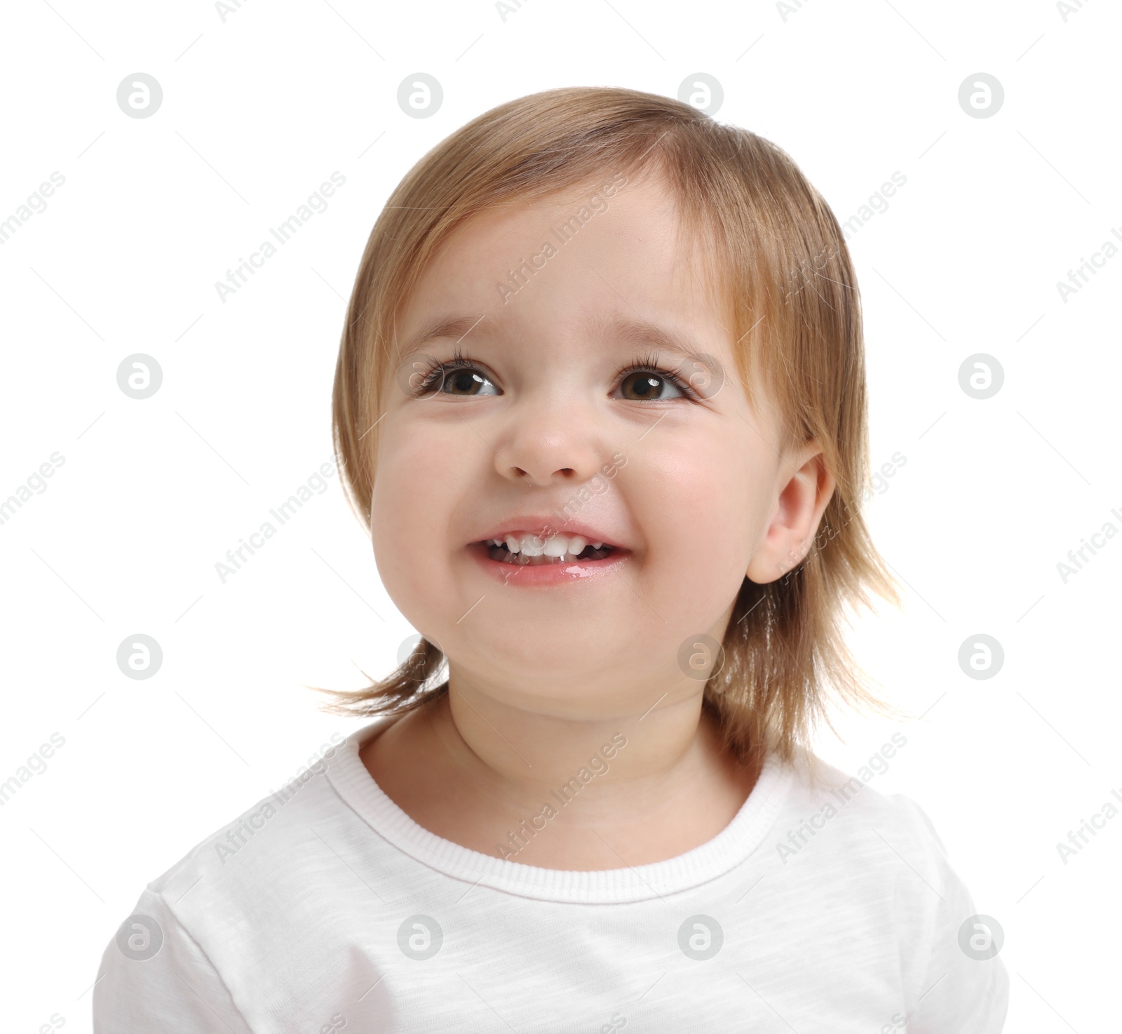 Photo of Cute little baby girl on white background