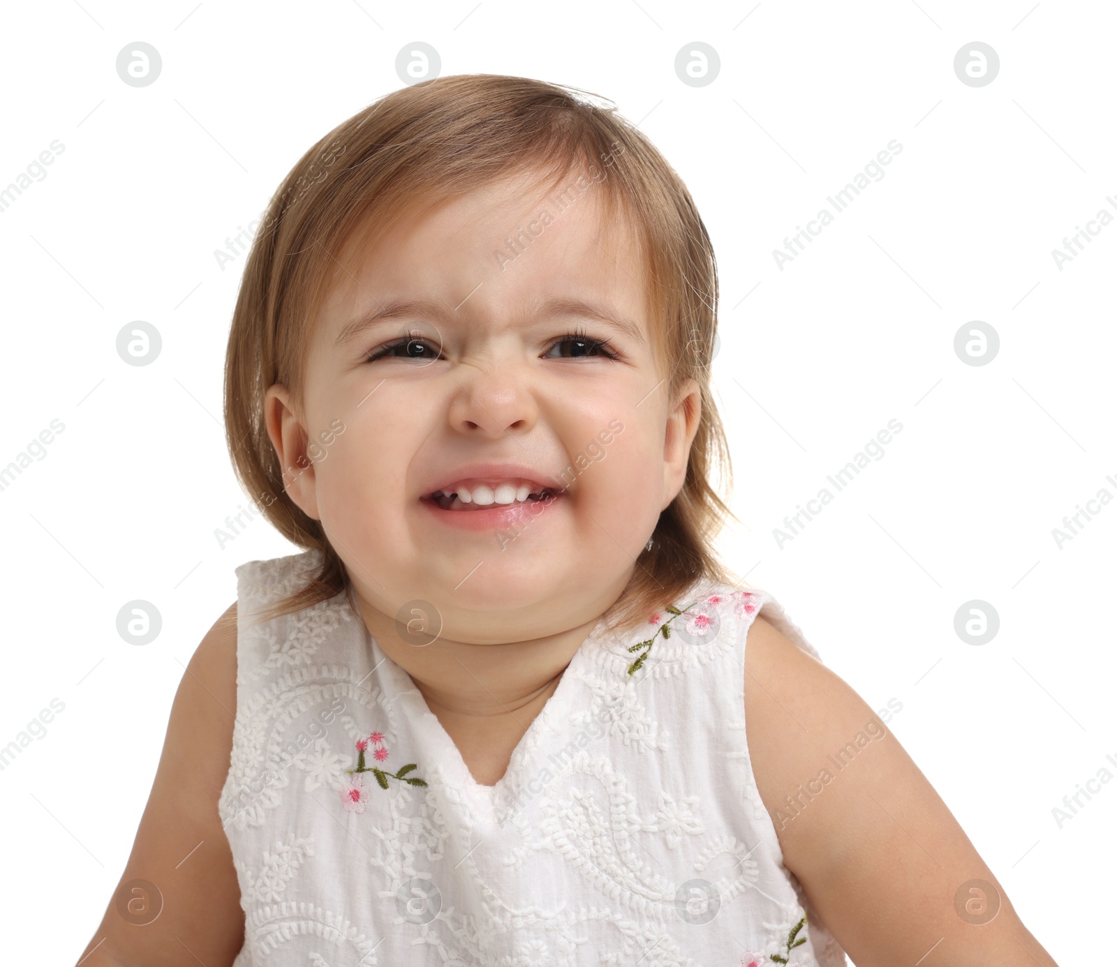 Photo of Cute little baby girl on white background