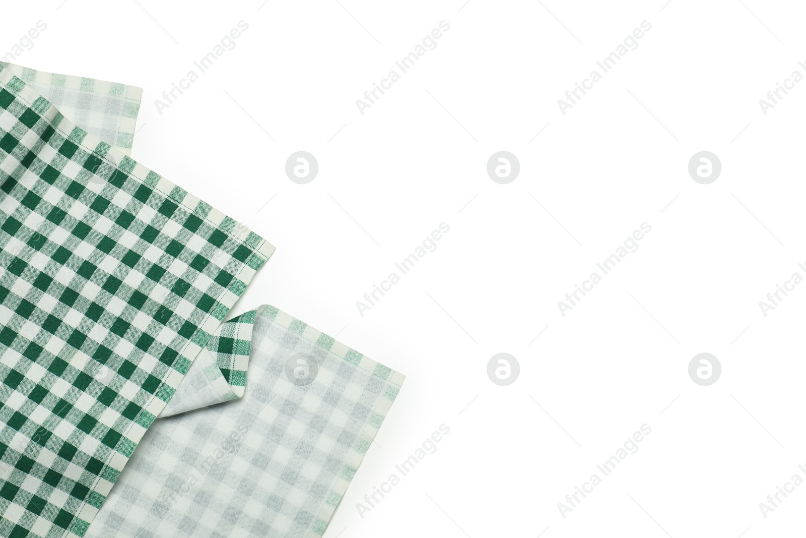 Photo of Green checkered tablecloth isolated on white, top view