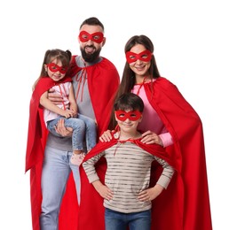 Photo of Parents and their children wearing superhero costumes on white background