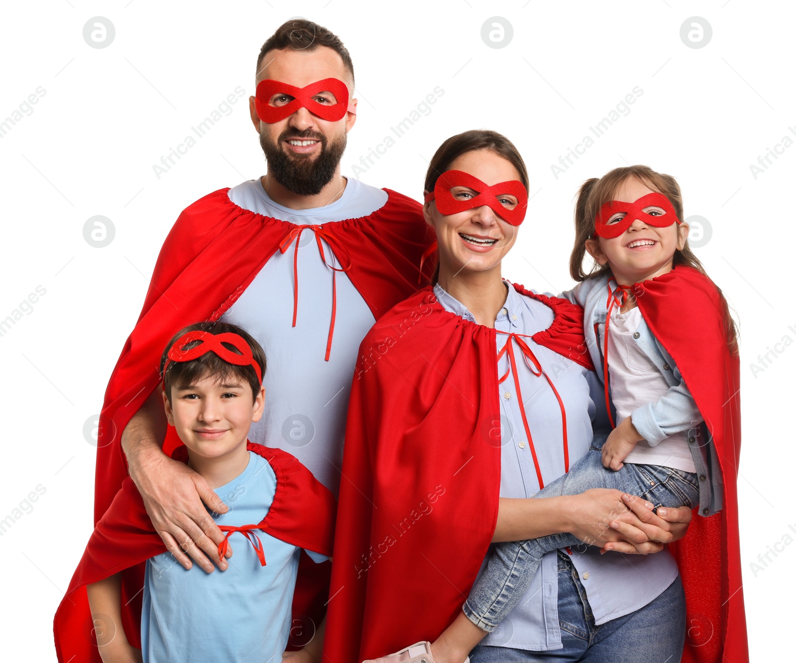 Photo of Parents and their children wearing superhero costumes on white background