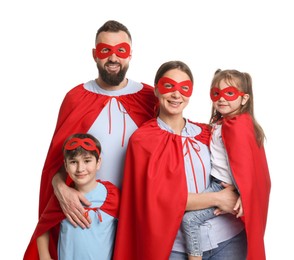 Photo of Parents and their children wearing superhero costumes on white background