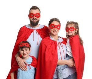 Photo of Parents and their children wearing superhero costumes on white background