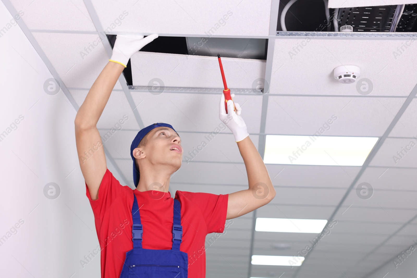 Photo of Suspended ceiling installation. Builder working with PVC tile indoors, low angle view