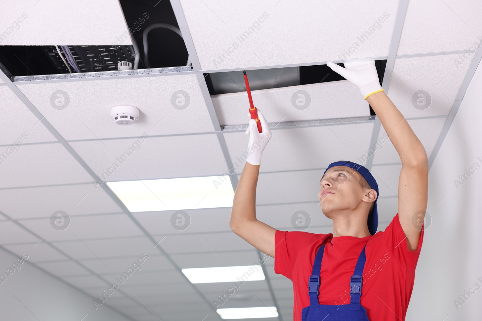 Photo of Suspended ceiling installation. Builder working with PVC tile indoors, low angle view