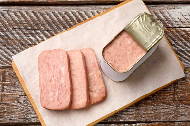 Photo of Canned meat in tin can on wooden table, top view