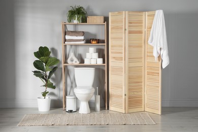 Photo of Folding screen, toilet bowl and houseplants in restroom