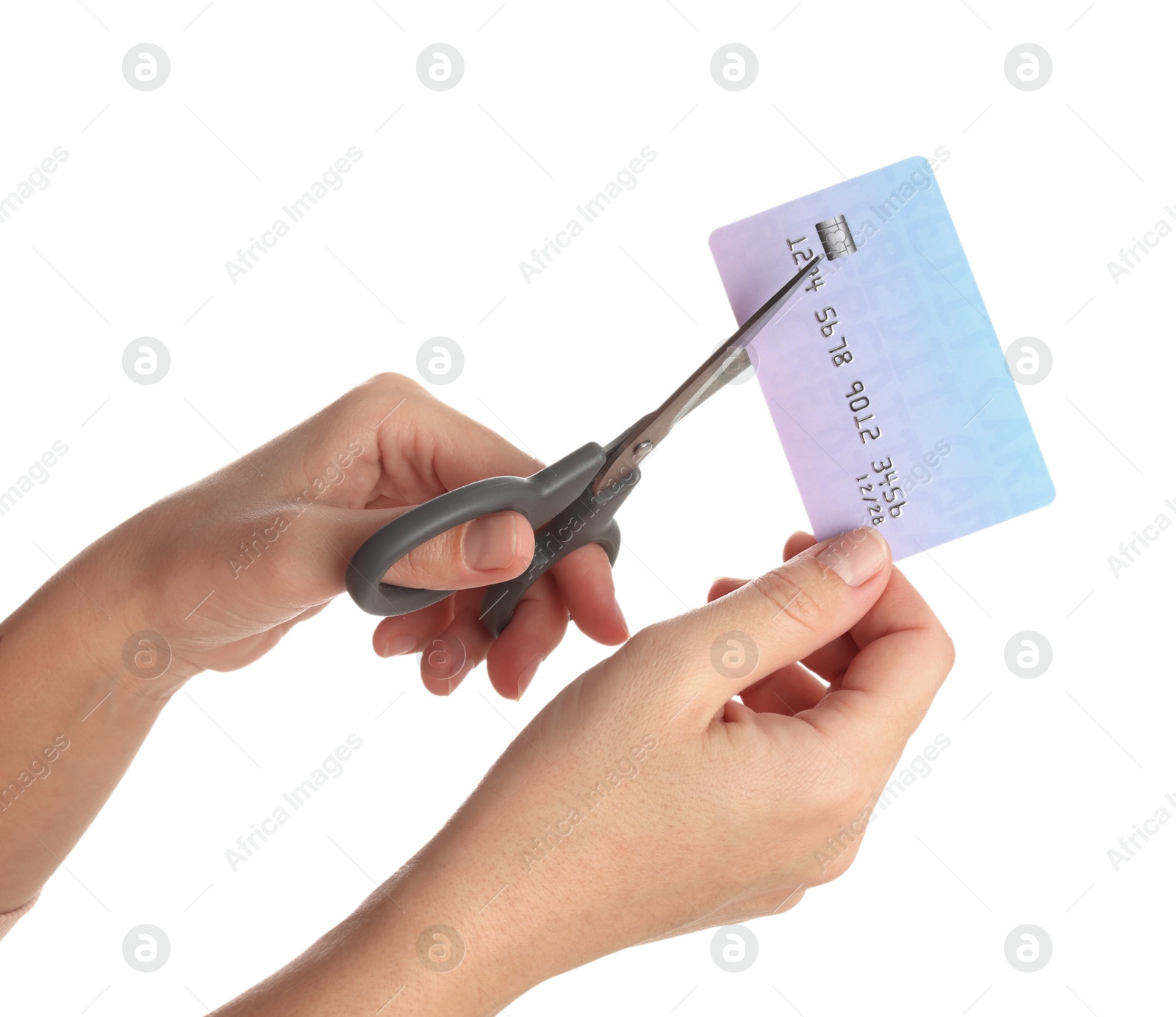 Photo of Woman cutting credit card on white background, closeup