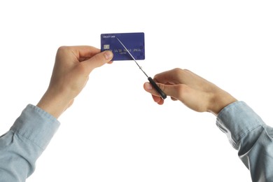 Photo of Woman cutting credit card on white background, closeup