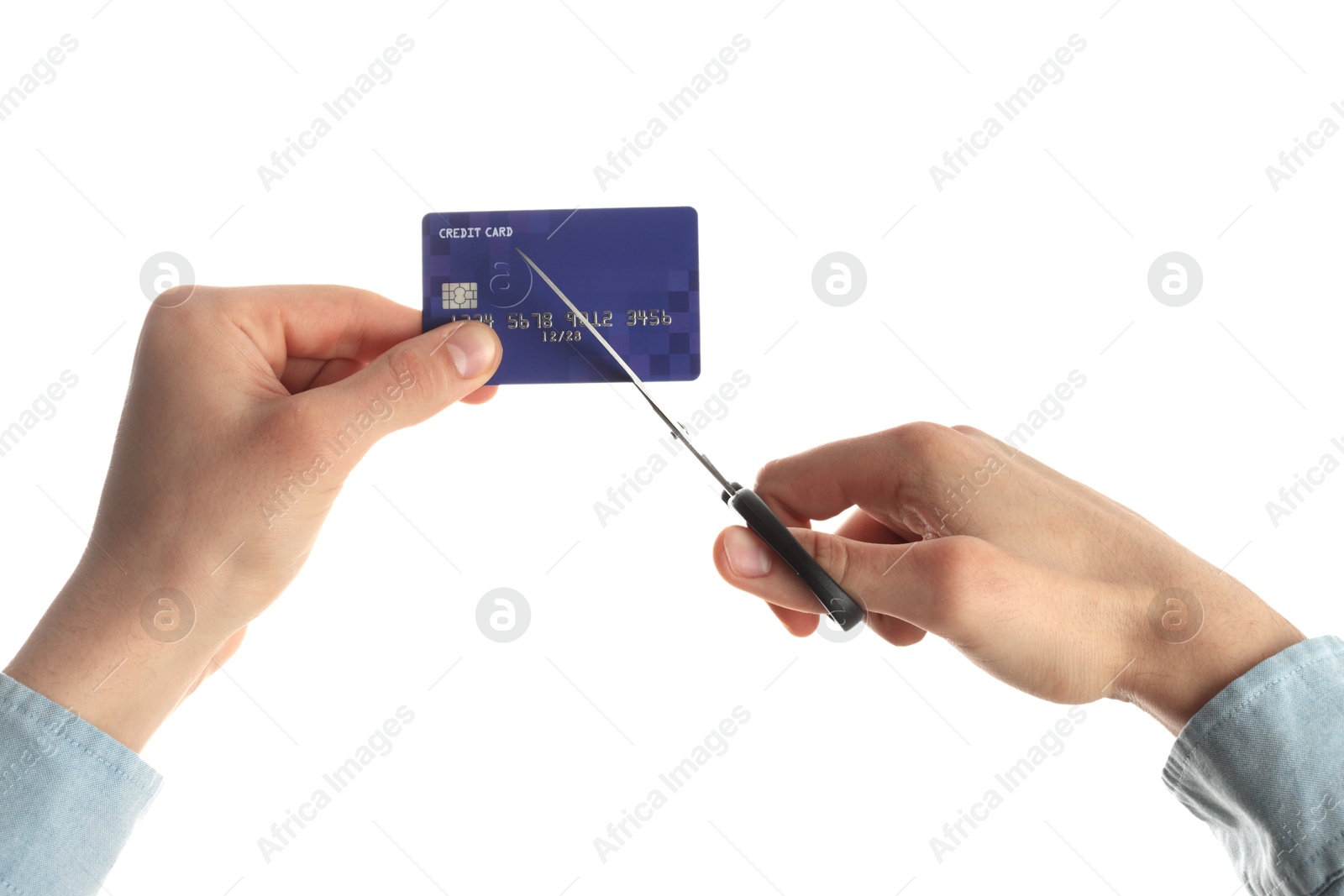 Photo of Woman cutting credit card on white background, closeup