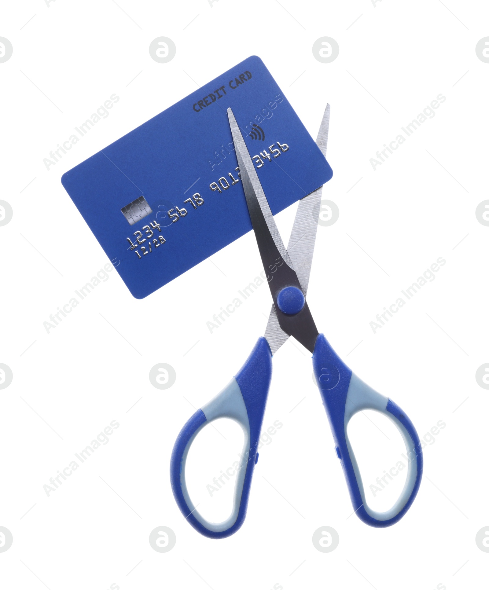 Photo of Credit card and scissors isolated on white