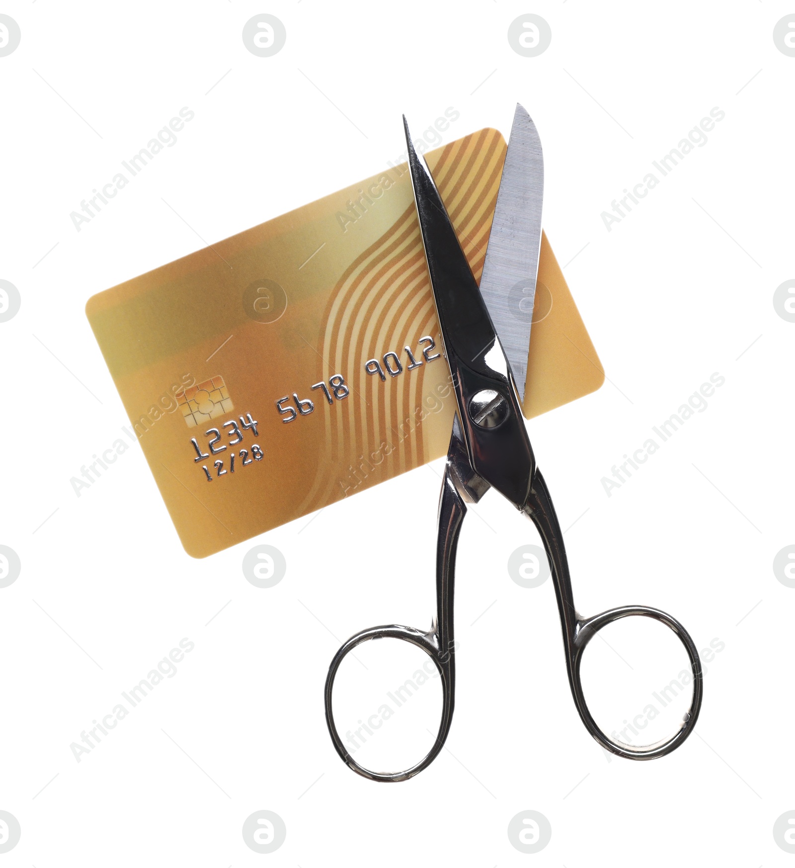 Photo of Credit card and scissors isolated on white