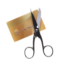 Photo of Credit card and scissors isolated on white