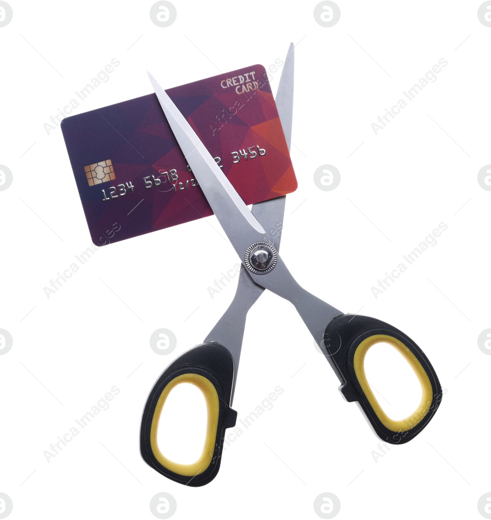 Photo of Credit card and scissors isolated on white