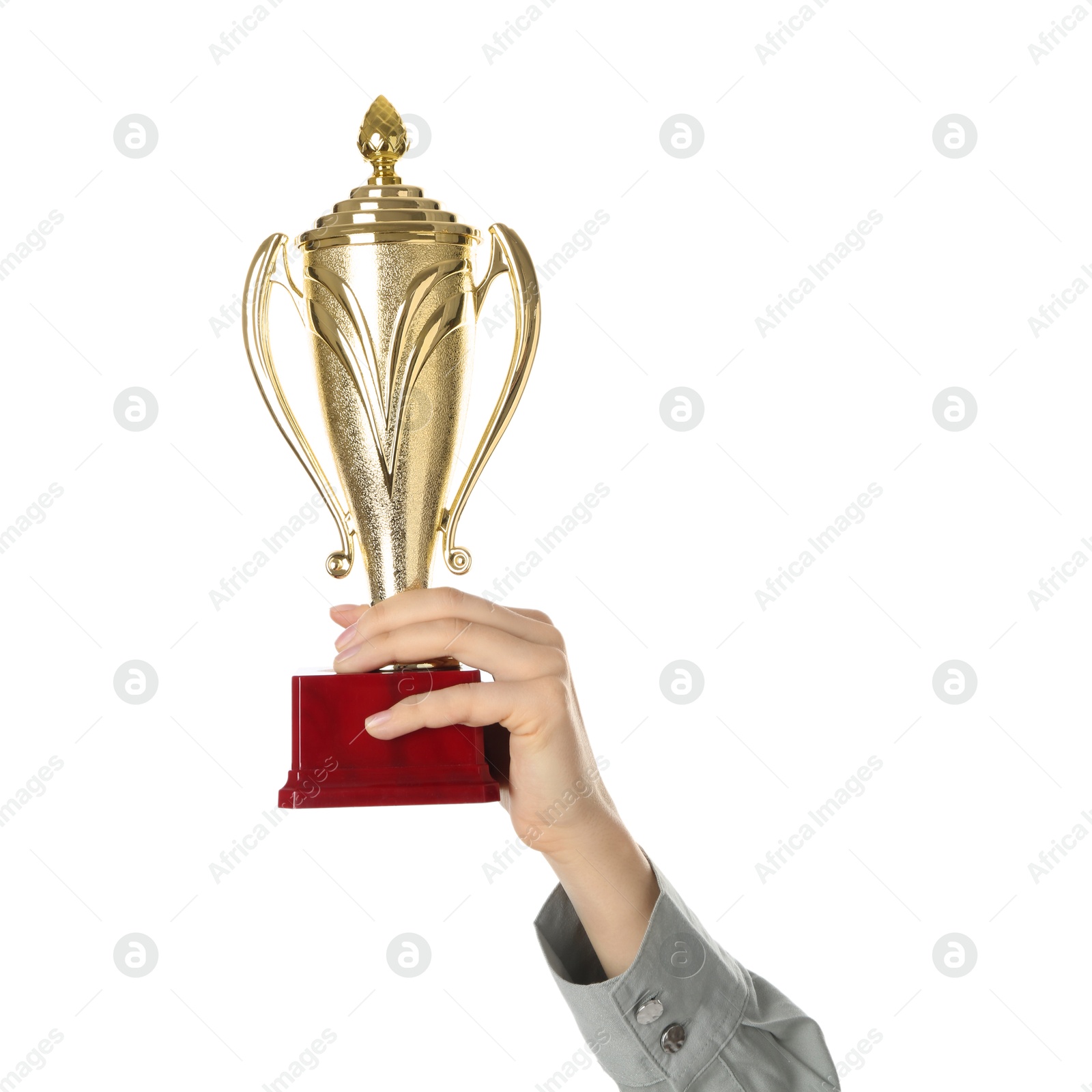 Photo of Woman with golden trophy cup on white background, closeup