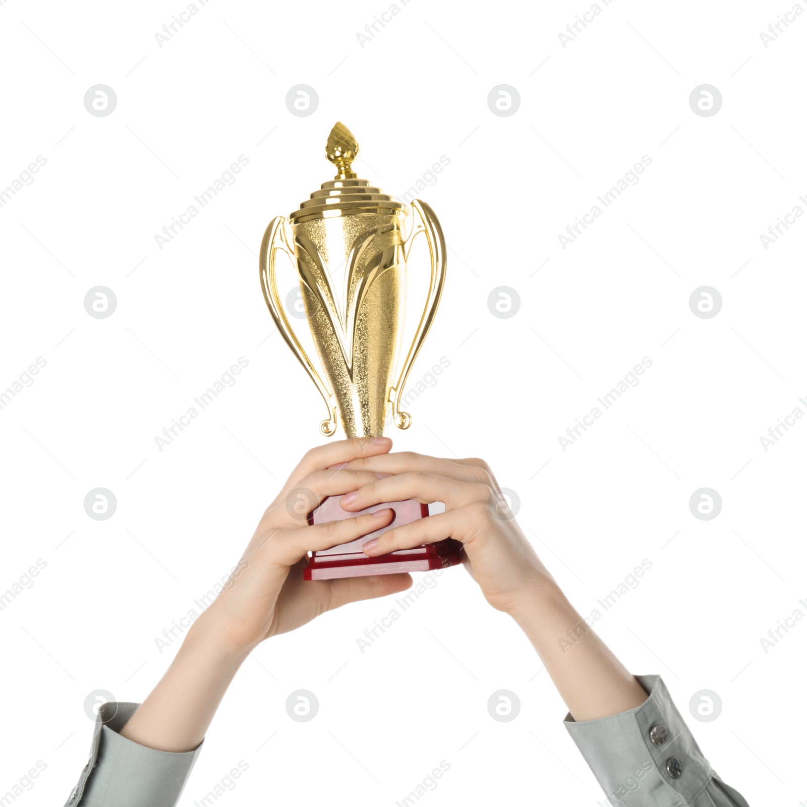 Photo of Woman with golden trophy cup on white background, closeup