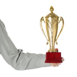 Woman with golden trophy cup on white background, closeup