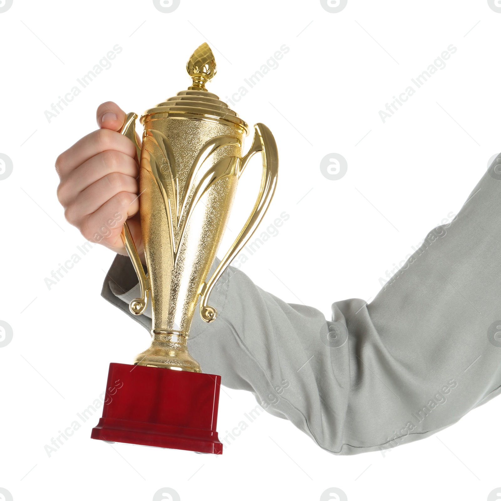 Photo of Woman with golden trophy cup on white background, closeup