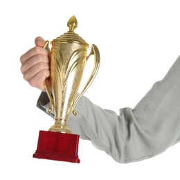 Photo of Woman with golden trophy cup on white background, closeup