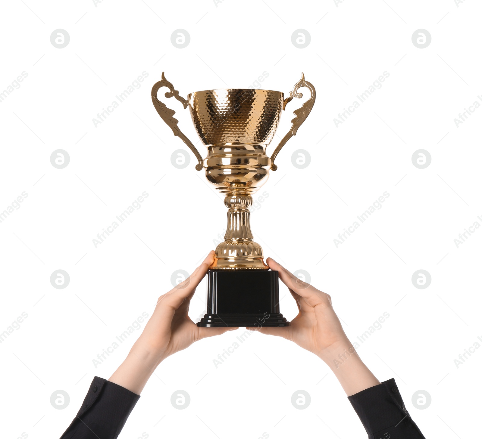 Photo of Woman with golden trophy cup on white background, closeup