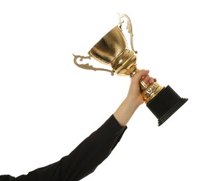 Photo of Woman with golden trophy cup on white background, closeup