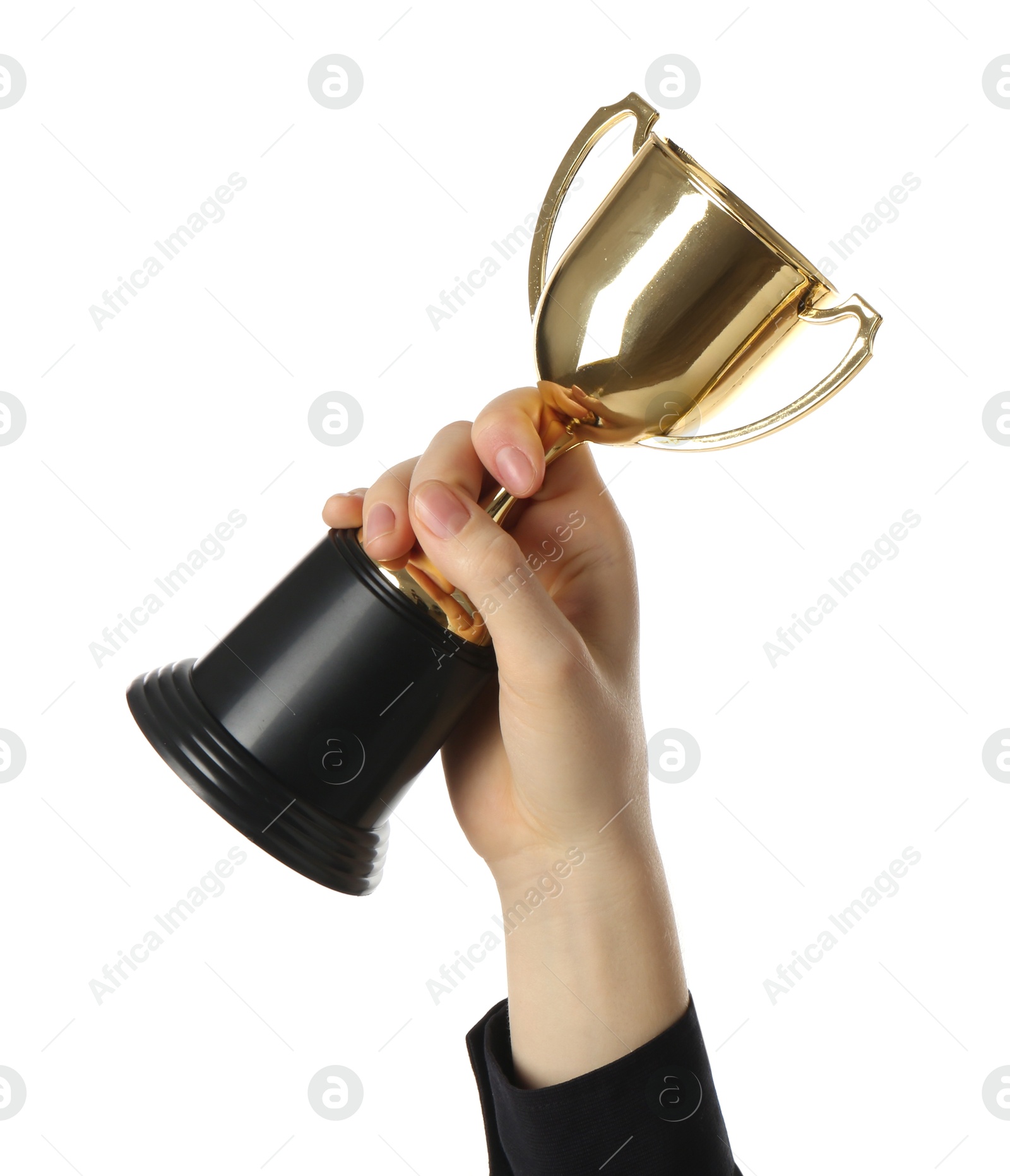 Photo of Woman with golden trophy cup on white background, closeup