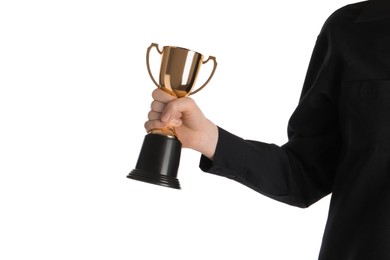 Woman with golden trophy cup on white background, closeup