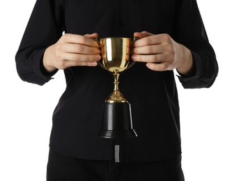 Photo of Woman with golden trophy cup on white background, closeup