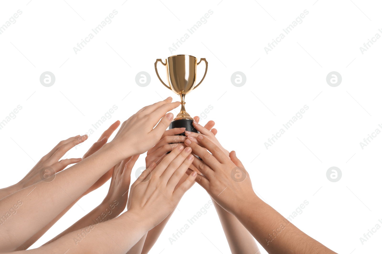 Photo of Group of people with golden trophy up on white background, closeup