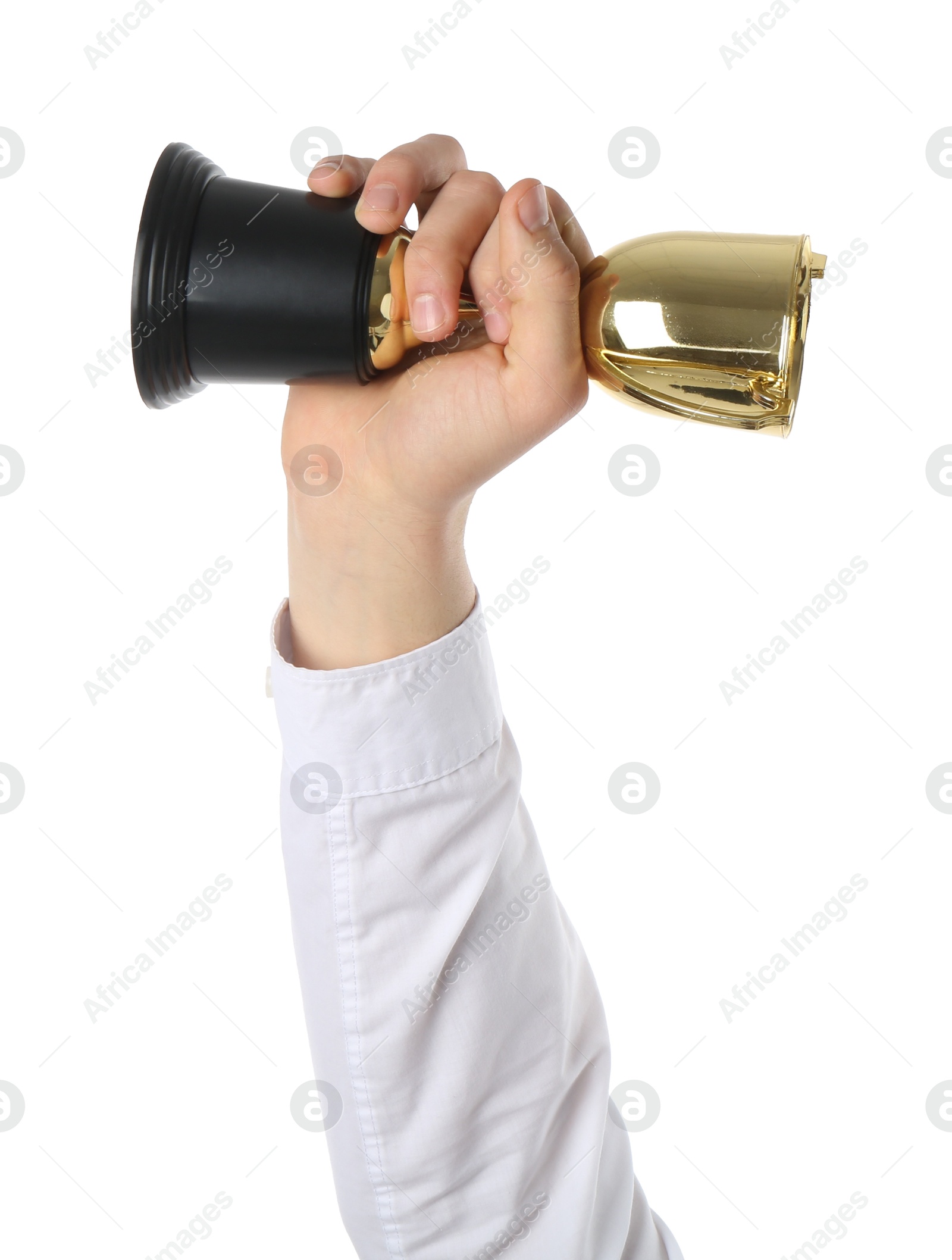 Photo of Man with golden trophy cup on white background, closeup