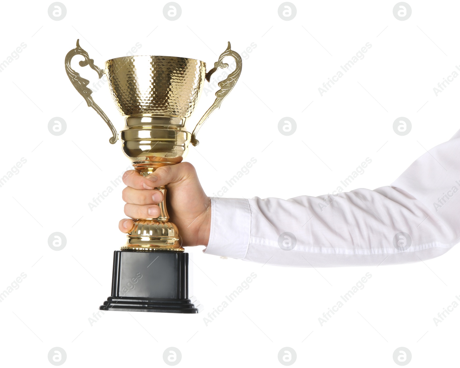 Photo of Man with golden trophy cup on white background, closeup