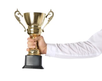 Photo of Man with golden trophy cup on white background, closeup